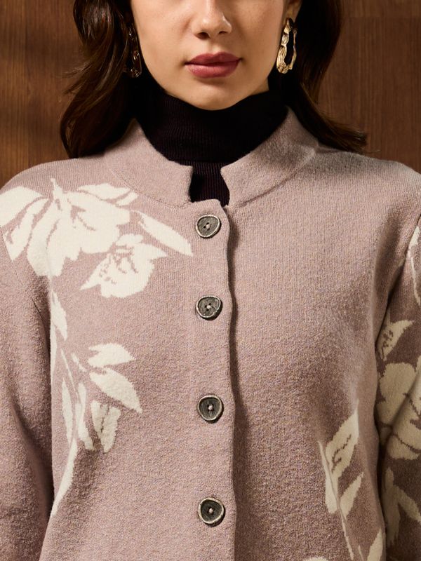 Globus Women Beige Mandarin Collar Long Sleeves Floral Self Design Front Pockets Acrylic Longline Winterwear Overcoat