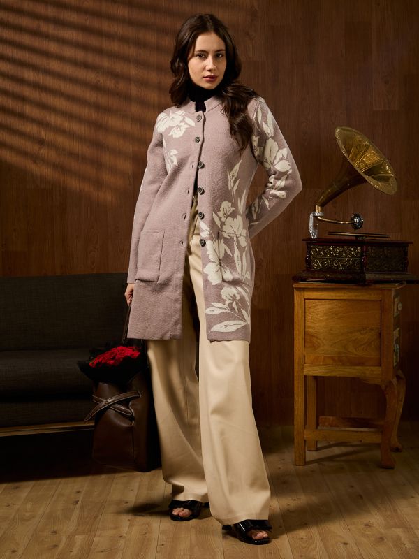Globus Women Beige Mandarin Collar Long Sleeves Floral Self Design Front Pockets Acrylic Longline Winterwear Overcoat
