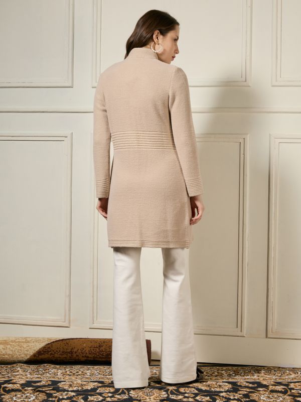 Globus Women Beige High Neck Long Sleeves Striped Self Design Front Pockets Acrylic Longline Winterwear Overcoat