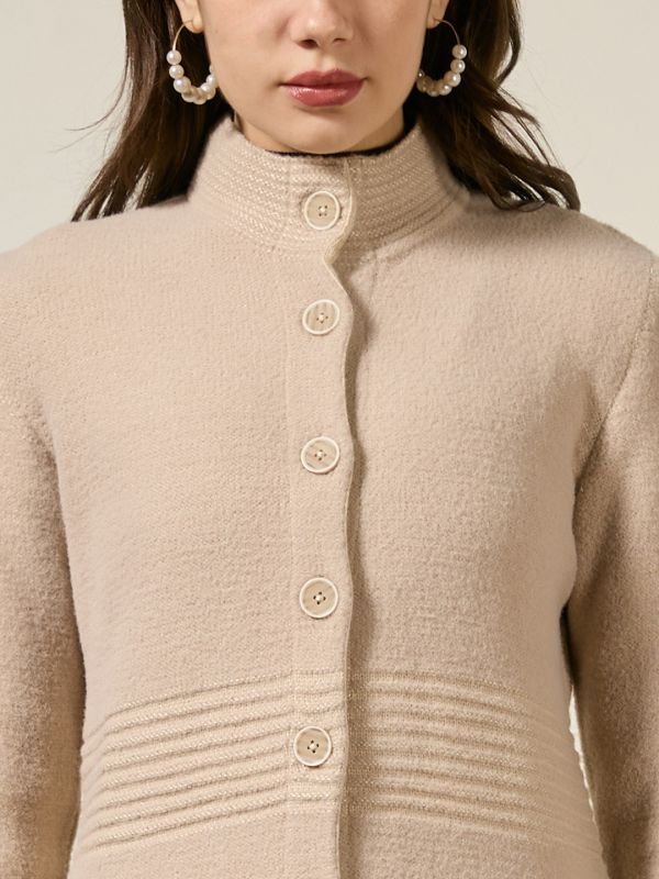 Globus Women Beige High Neck Long Sleeves Striped Self Design Front Pockets Acrylic Longline Winterwear Overcoat