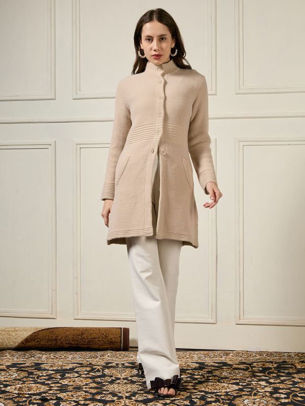 Globus Women Beige High Neck Long Sleeves Striped Self Design Front Pockets Acrylic Longline Winterwear Overcoat