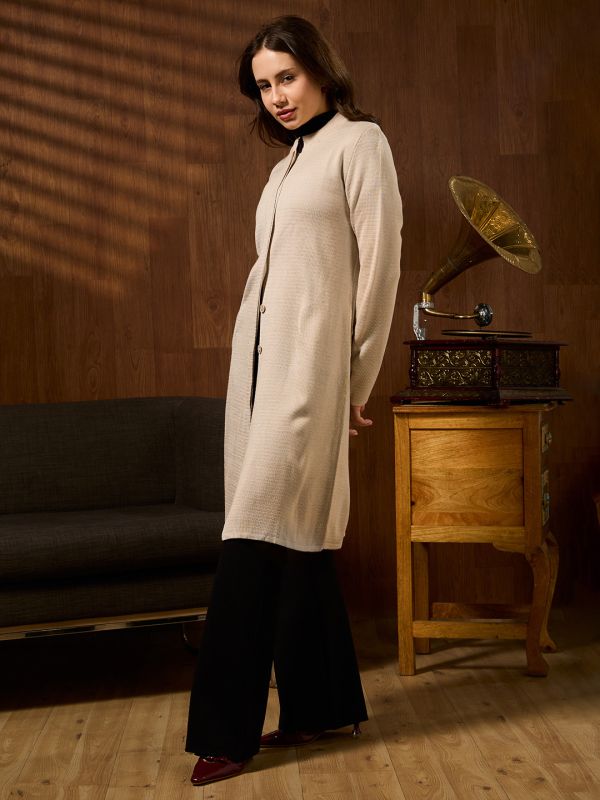 Globus Women Off White Mandarin Collar Long Sleeves Self Design Knee Length Acrylic Winterwear Overcoat