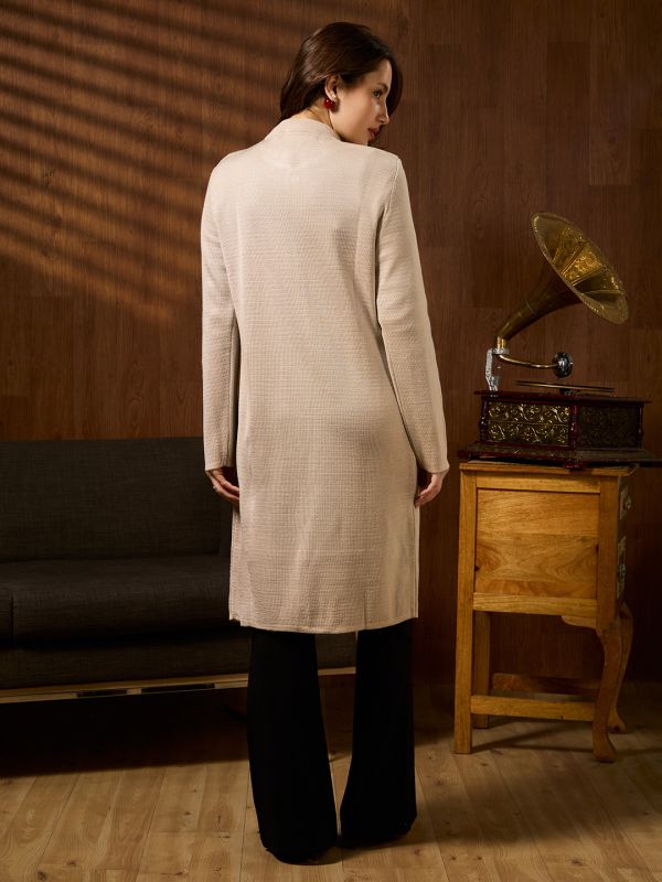 Globus Women Off White Mandarin Collar Long Sleeves Self Design Knee Length Acrylic Winterwear Overcoat