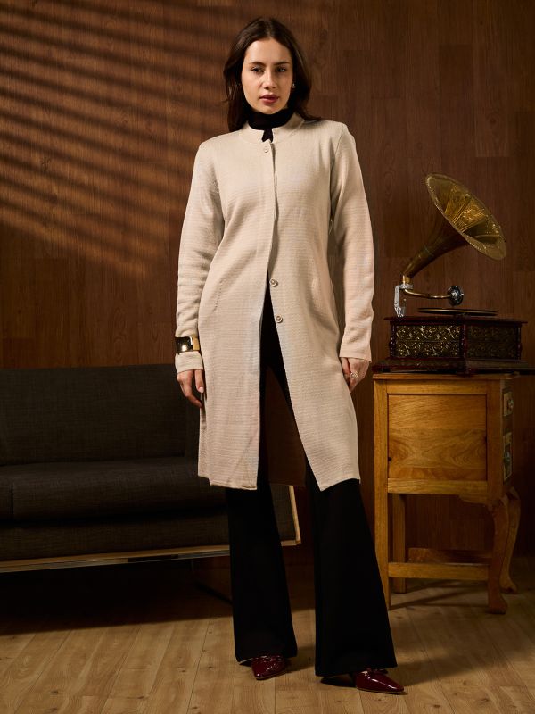Globus Women Off White Mandarin Collar Long Sleeves Self Design Knee Length Acrylic Winterwear Overcoat