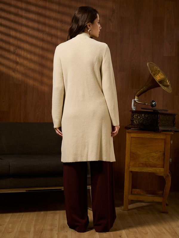 Globus Women Off White High Neck Long Sleeves Self Design Acrylic Longline Winterwear Overcoat