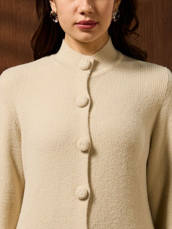 Globus Women Off White High Neck Long Sleeves Self Design Acrylic Longline Winterwear Overcoat
