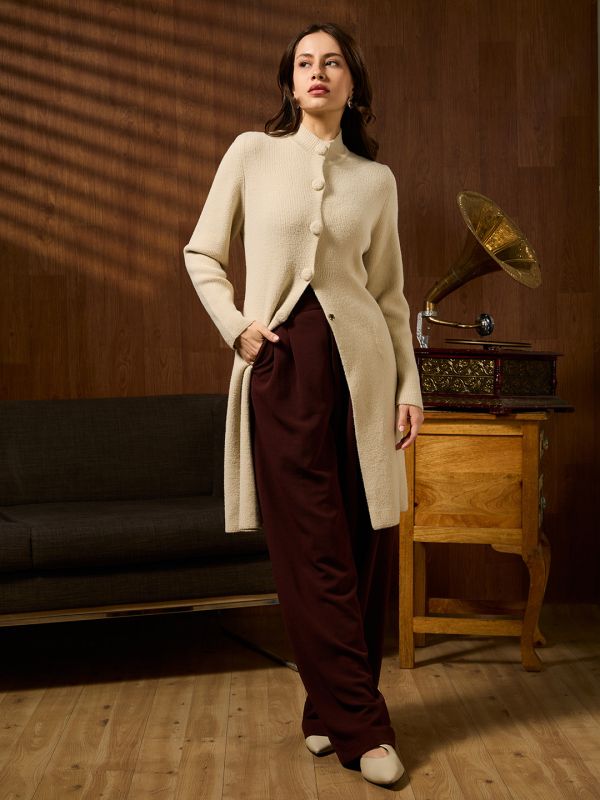 Globus Women Off White High Neck Long Sleeves Self Design Acrylic Longline Winterwear Overcoat