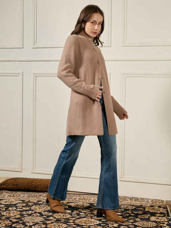 Globus Women Brown High Neck Long Sleeves Self Design Acrylic Longline Winterwear Overcoat