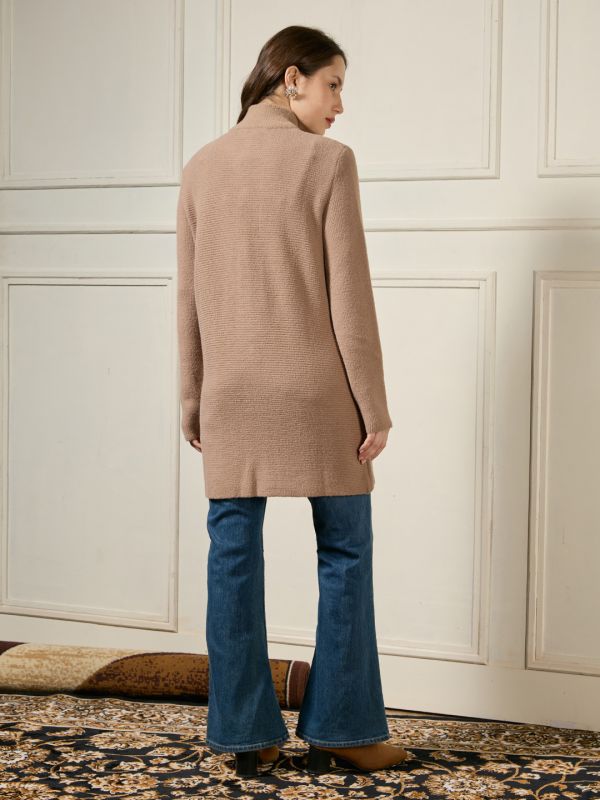 Globus Women Brown High Neck Long Sleeves Self Design Acrylic Longline Winterwear Overcoat