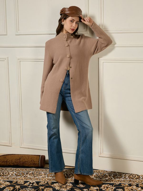 Globus Women Brown High Neck Long Sleeves Self Design Acrylic Longline Winterwear Overcoat