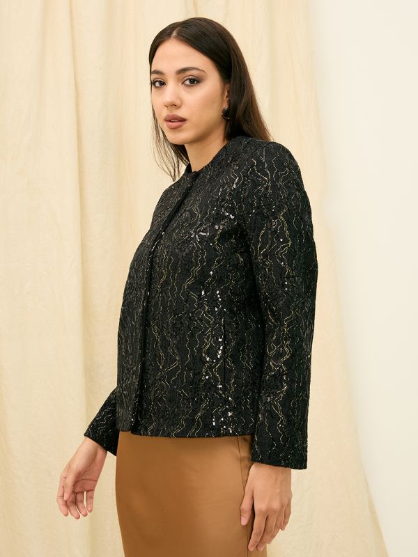 Globus Women Black Round Neck Long Sleeves Sequin Embellished Woollen Winterwear Overcoat