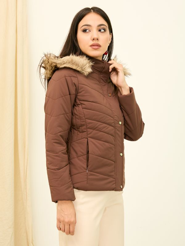 Globus Women Brown Solid Long Sleeves Hooded Faux Fur Trim Nylon Puffer Jacket