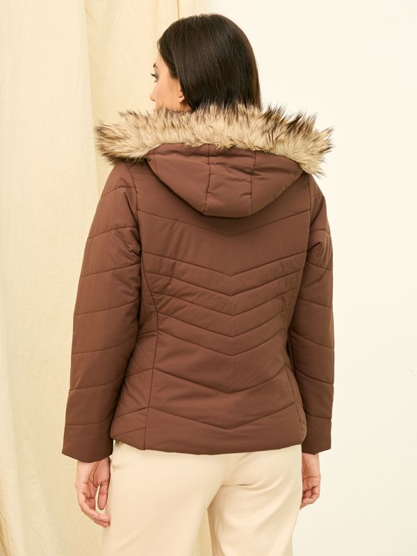Globus Women Brown Solid Long Sleeves Hooded Faux Fur Trim Nylon Puffer Jacket