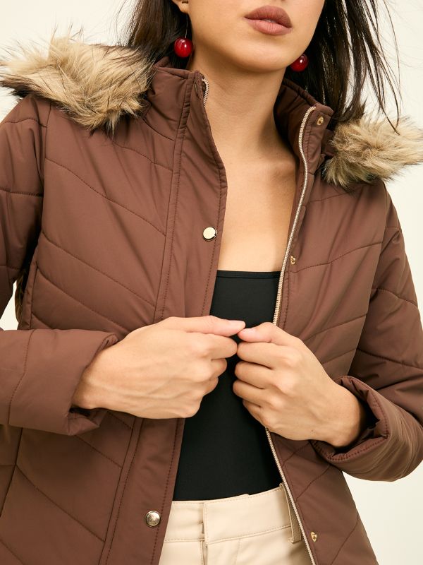 Globus Women Brown Solid Long Sleeves Hooded Faux Fur Trim Nylon Puffer Jacket