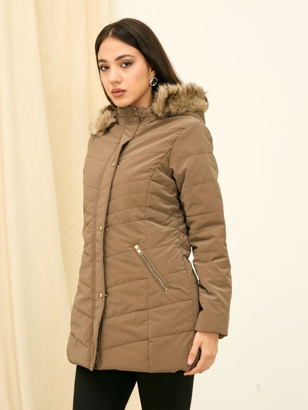 Globus Women Brown Solid Hooded Faux Fur Trim Long Sleeves Nylon Puffer Jacket