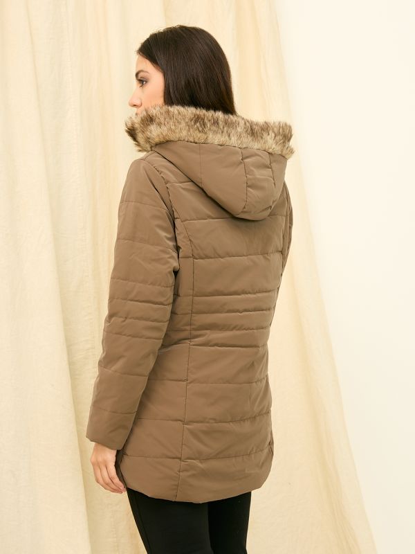 Globus Women Brown Solid Hooded Faux Fur Trim Long Sleeves Nylon Puffer Jacket