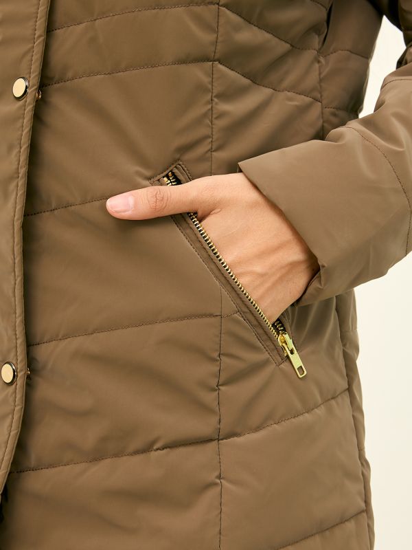 Globus Women Brown Solid Hooded Faux Fur Trim Long Sleeves Nylon Puffer Jacket
