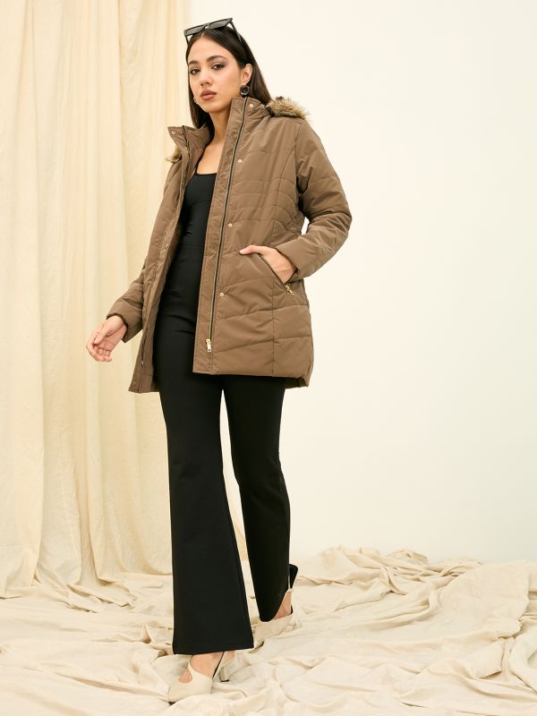 Globus Women Brown Solid Hooded Faux Fur Trim Long Sleeves Nylon Puffer Jacket