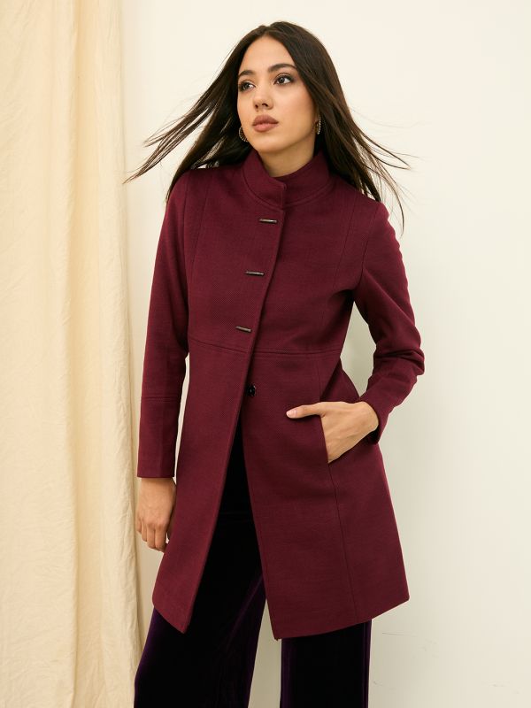 Globus Women Wine Mock Collar Long Sleeves Self Design Knee Length Acrylic Relaxed Fit Winterwear Overcoat