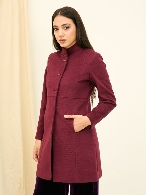 Globus Women Wine Mock Collar Long Sleeves Self Design Knee Length Acrylic Relaxed Fit Winterwear Overcoat