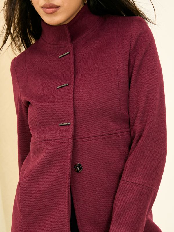 Globus Women Wine Mock Collar Long Sleeves Self Design Knee Length Acrylic Relaxed Fit Winterwear Overcoat
