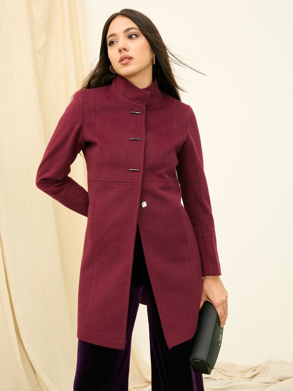 Globus Women Wine Mock Collar Long Sleeves Self Design Knee Length Acrylic Relaxed Fit Winterwear Overcoat