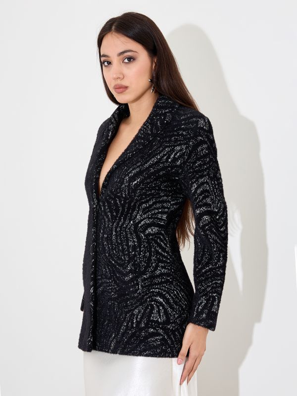 Globus Women Black Self Design Long Sleeves Spread Collar Pea Coat