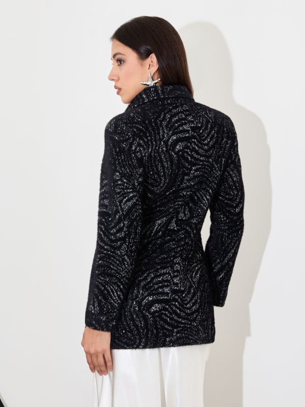 Globus Women Black Self Design Long Sleeves Spread Collar Pea Coat