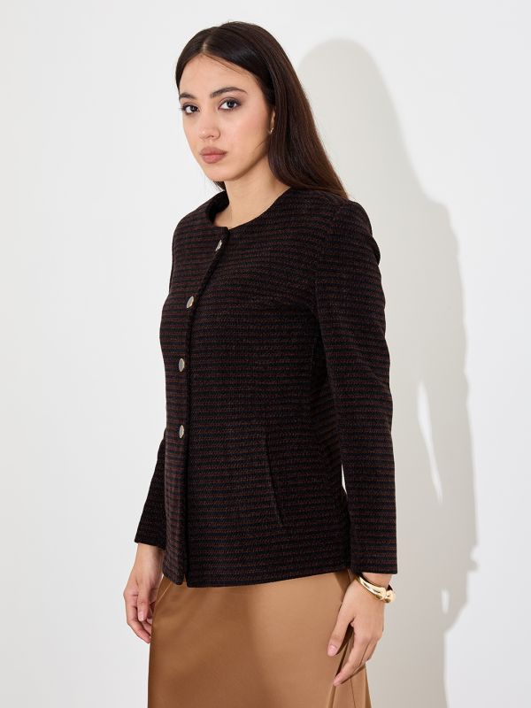 Globus Women Brown Self Design Long Sleeves Hip Length Pea Coat
