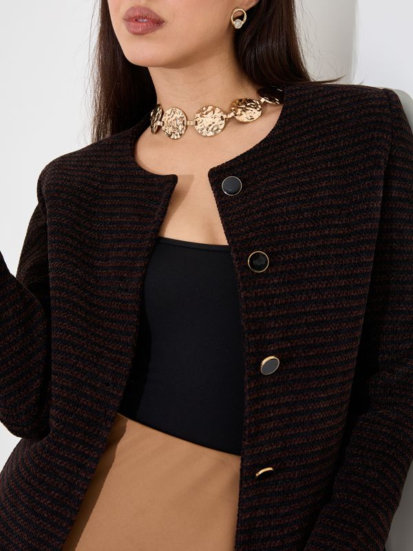 Globus Women Brown Self Design Long Sleeves Hip Length Pea Coat
