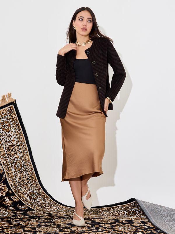 Globus Women Brown Self Design Long Sleeves Hip Length Pea Coat