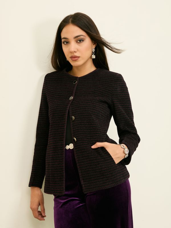 Globus Women Wine Self Design Long Sleeves Hip Length Pea Coat