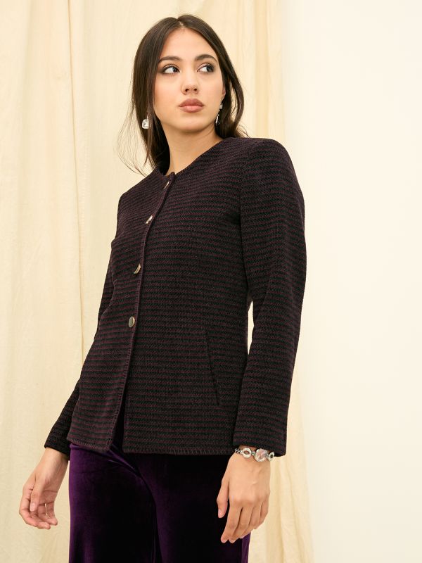 Globus Women Wine Self Design Long Sleeves Hip Length Pea Coat