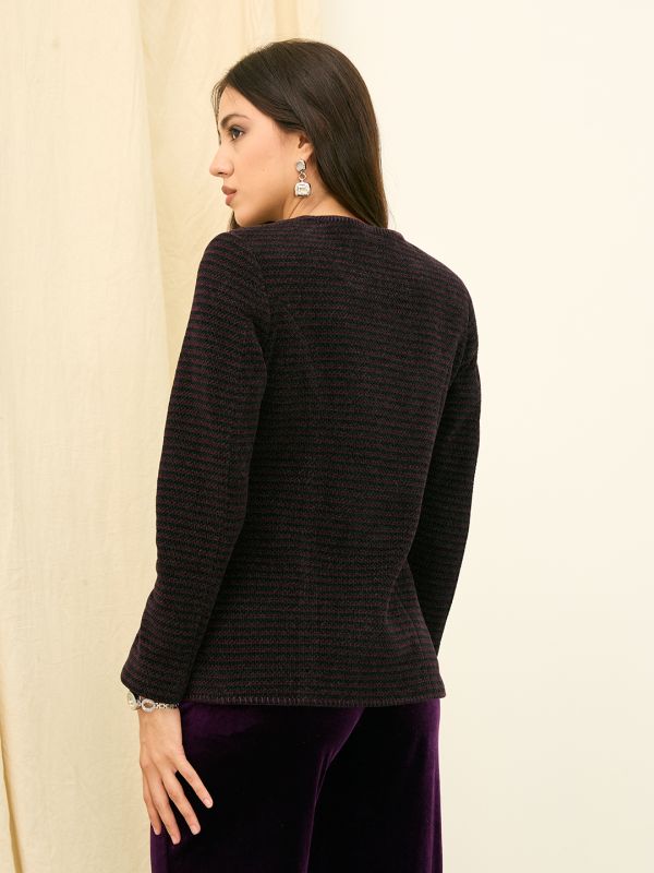 Globus Women Wine Self Design Long Sleeves Hip Length Pea Coat