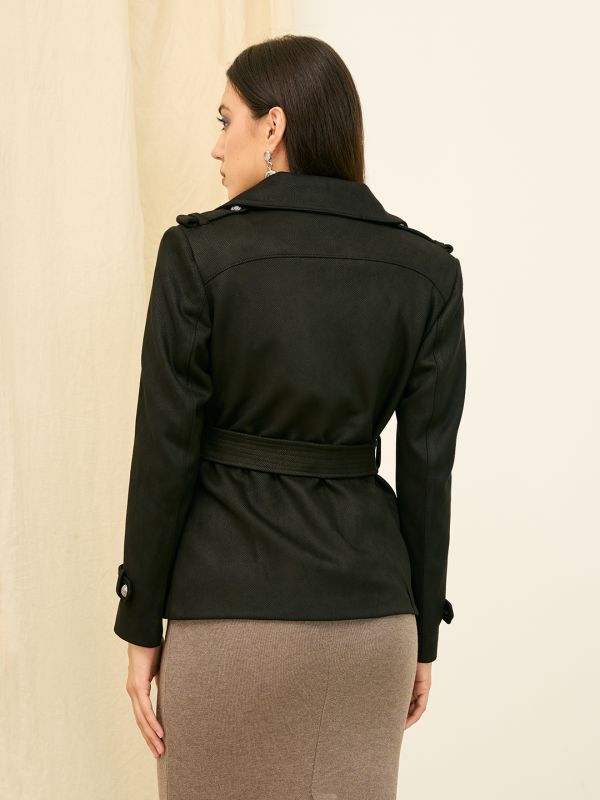 Globus Women Black Long Sleeves Notched Lapel Hip Length Polyester Overcoat