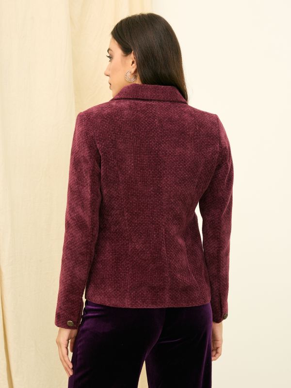 Globus Women Wine Long Sleeves Notched Lapel Hip Length Polyester Overcoat