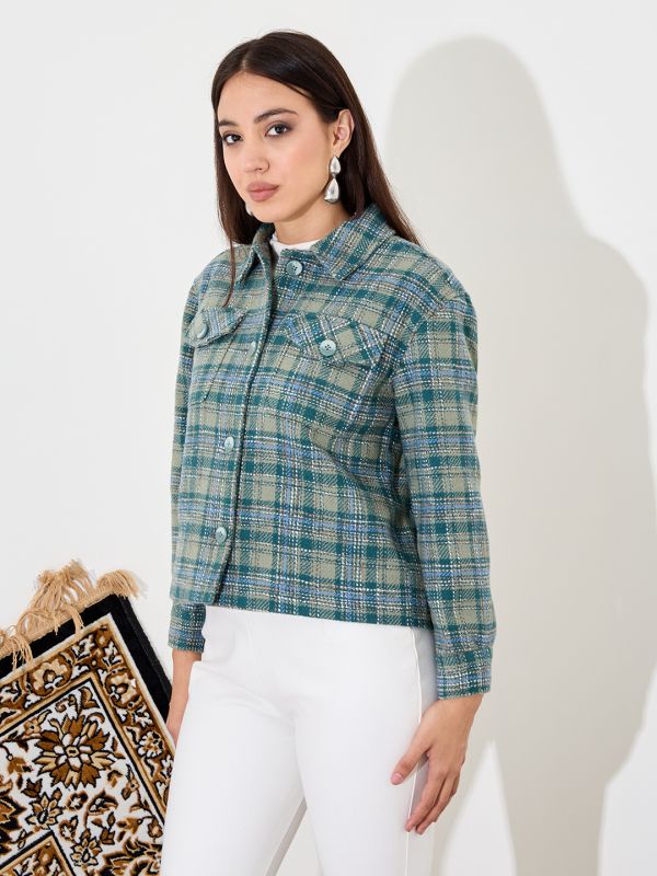 Globus Women Green Checked Long Sleeves Spread Collar Shacket
