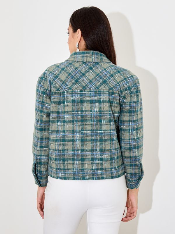 Globus Women Green Checked Long Sleeves Spread Collar Shacket
