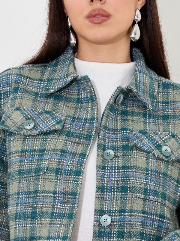 Globus Women Green Checked Long Sleeves Spread Collar Shacket