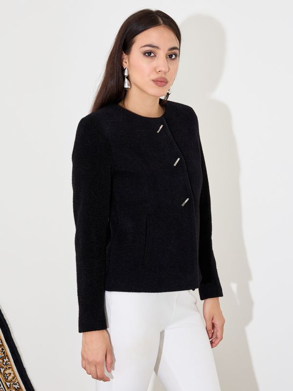 Globus Women Black Solid Round Neck Long Sleeves Acrylic Princess Coat