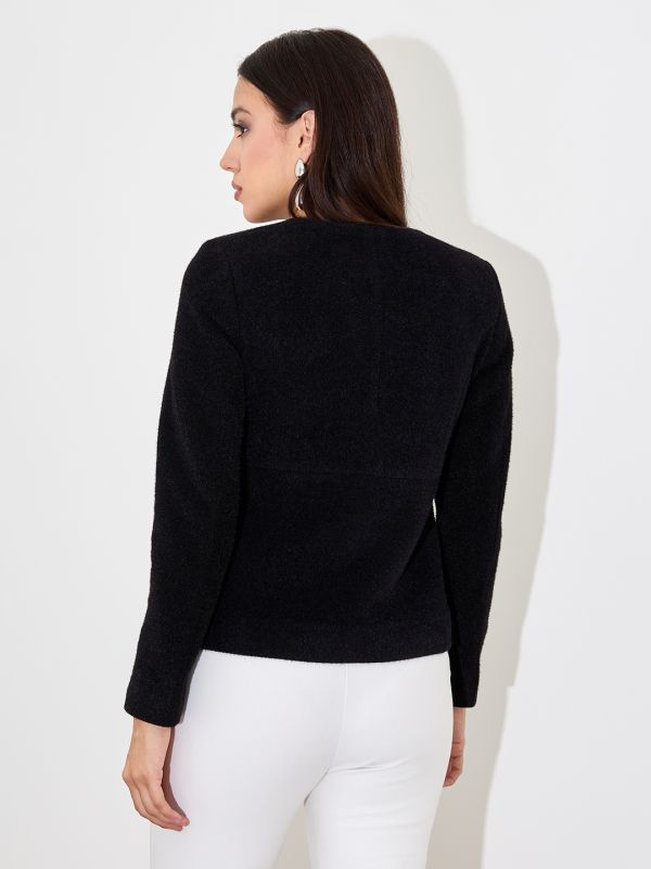 Globus Women Black Solid Round Neck Long Sleeves Acrylic Princess Coat