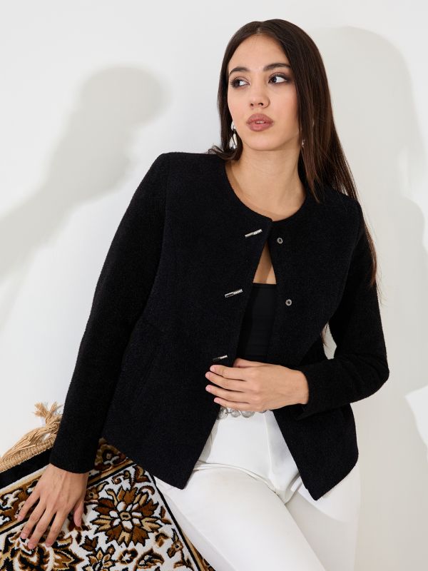 Globus Women Black Solid Round Neck Long Sleeves Acrylic Princess Coat