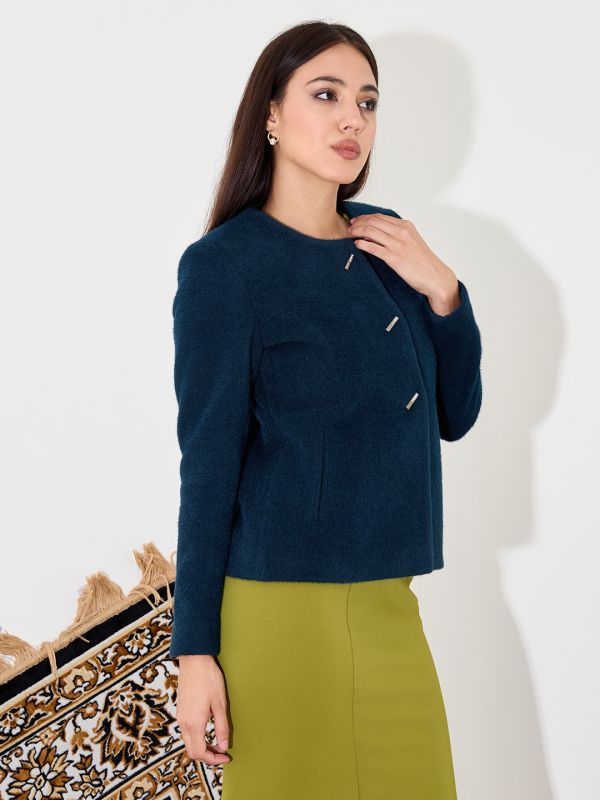 Globus Women Teal Solid Round Neck Long Sleeves Acrylic Princess Coat