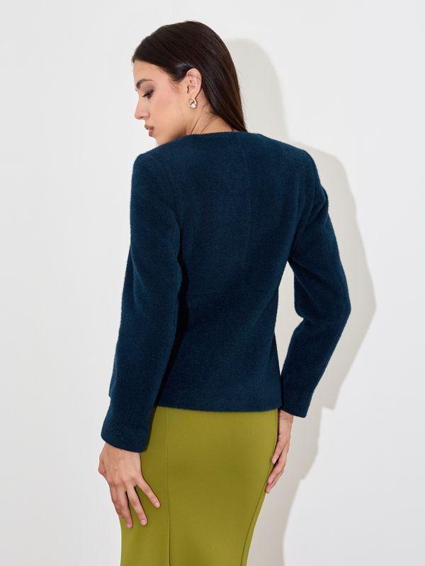 Globus Women Teal Solid Round Neck Long Sleeves Acrylic Princess Coat