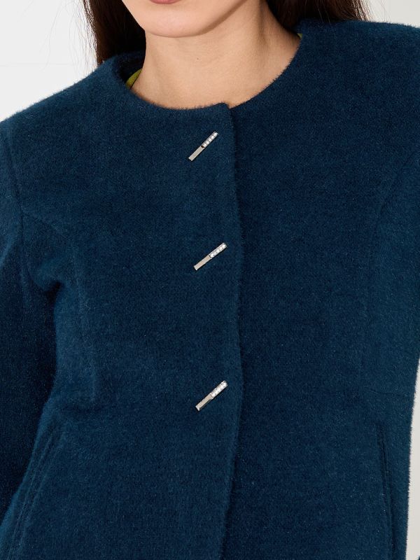 Globus Women Teal Solid Round Neck Long Sleeves Acrylic Princess Coat