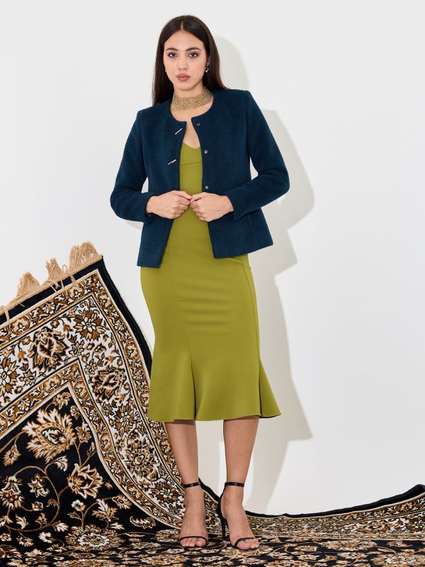 Globus Women Teal Solid Round Neck Long Sleeves Acrylic Princess Coat