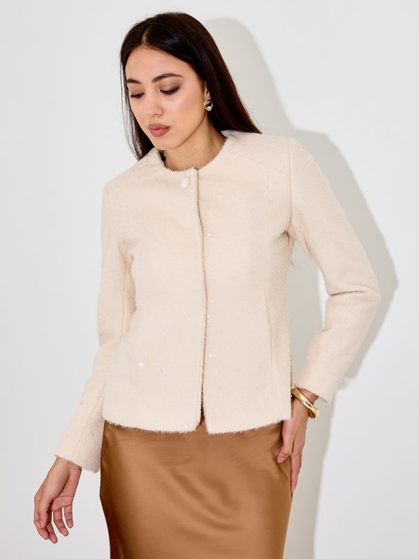 Globus Women Beige Solid Round Neck Acrylic Princess Coat