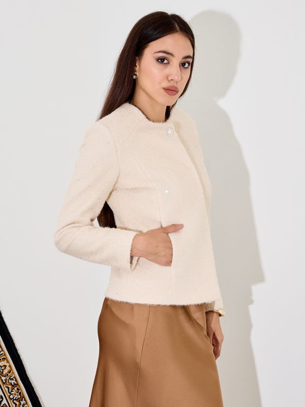 Globus Women Beige Solid Round Neck Acrylic Princess Coat