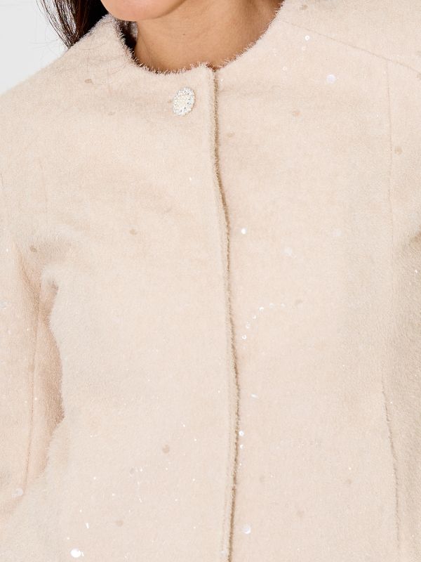Globus Women Beige Solid Round Neck Acrylic Princess Coat