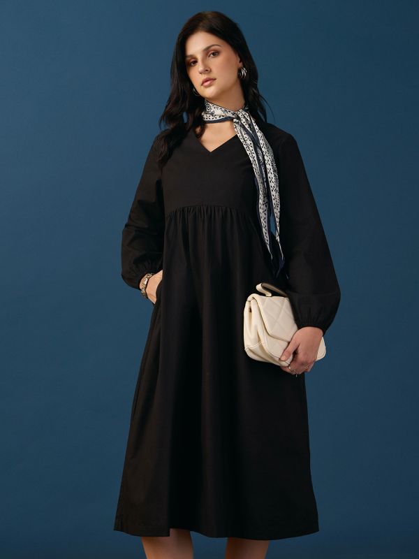 Globus Women Black V-Neck Bishop Sleeves Tie-Up Gathered A-Line Midi Workwear Dress